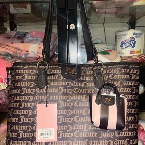 Juicy Couture Brown Logo Tote with Black Trim & Pink-Black Stripe Charm